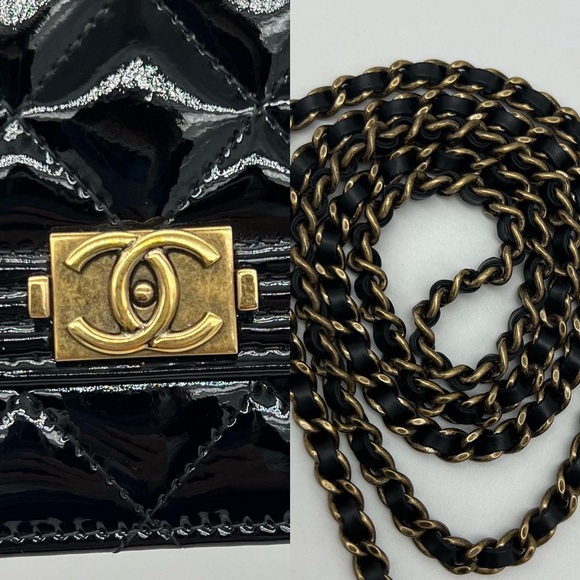 ❌SOLD❌Authentic Chanel Classic Black patent leather Leboy Wallet on Chain in RHW - Picture 15 of 17
